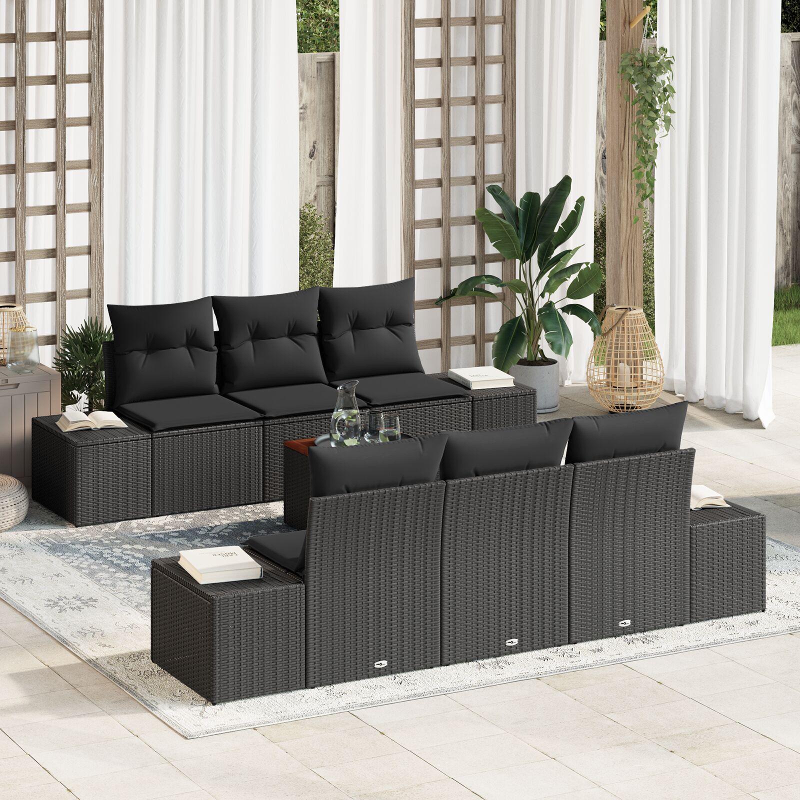 Havesofa sæt med puder 7 stk i sort polyrattan