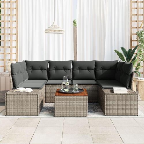 7 Delers Have Sofa Sæt med Puder Grå Polyrattan Akacietræ
