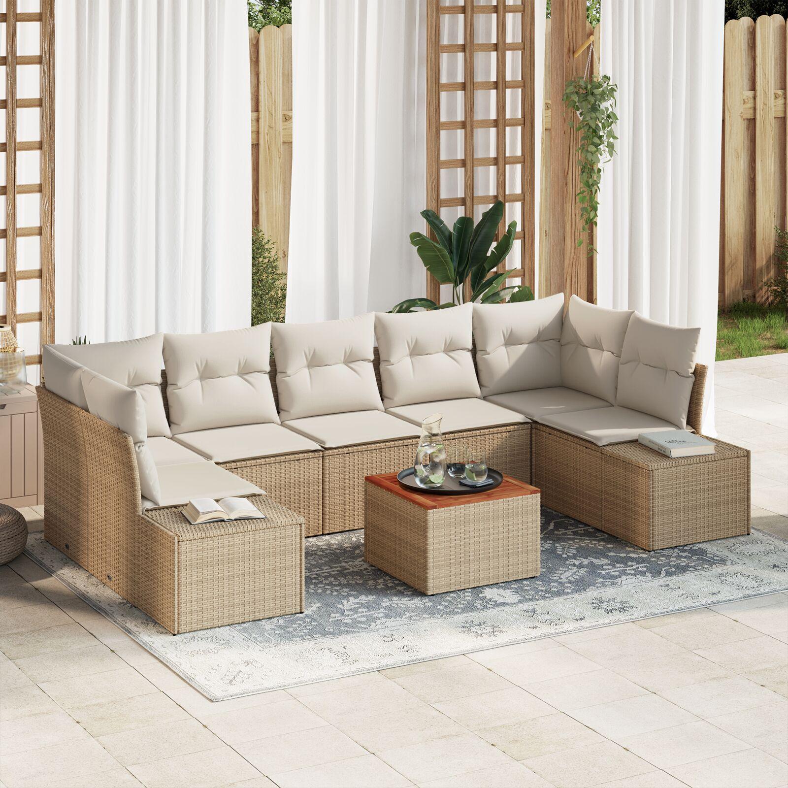 Havesofa Sæt Med Pude 8 Dele Polyrattan - beige og cremefarvet