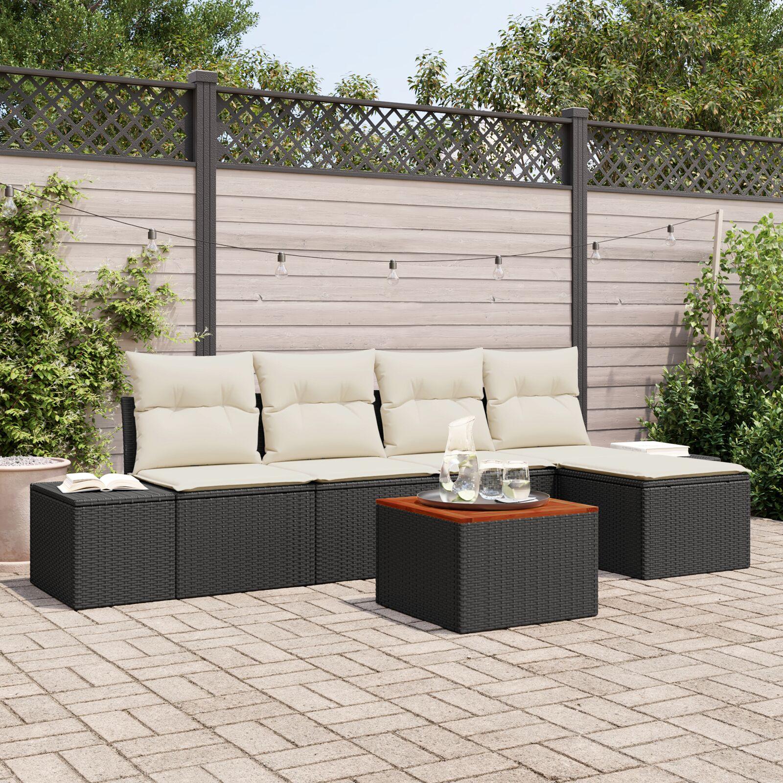 Havesofa sæt i sort polyrattan med puder - modulopbygget, 6 dele