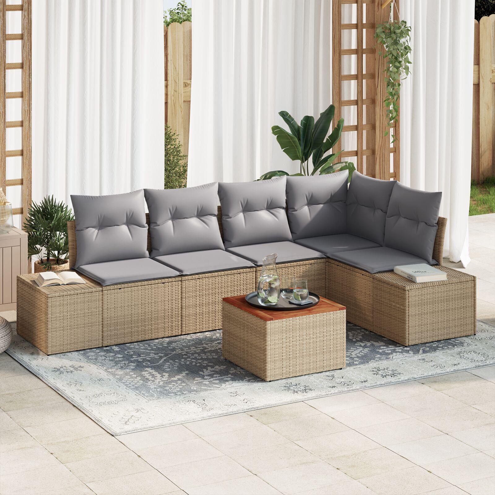 Havesofa sæt med puder 6 dele i beige polyrattan