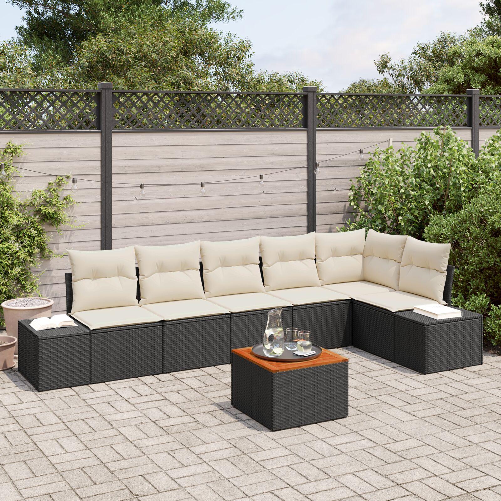 Modulært havesofasæt i sort polyrattan med puder - 7 dele