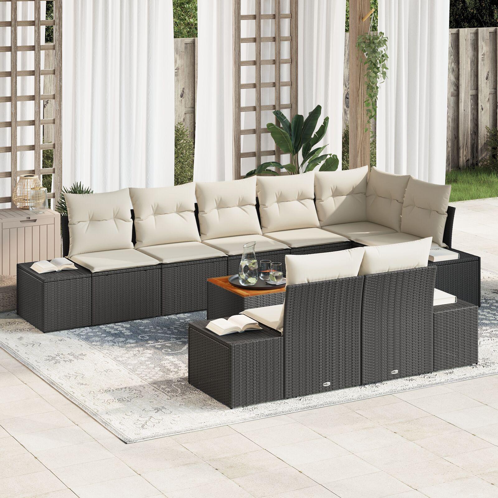 Modulært havesofa sæt med puder - 9 dele, sort polyrattan