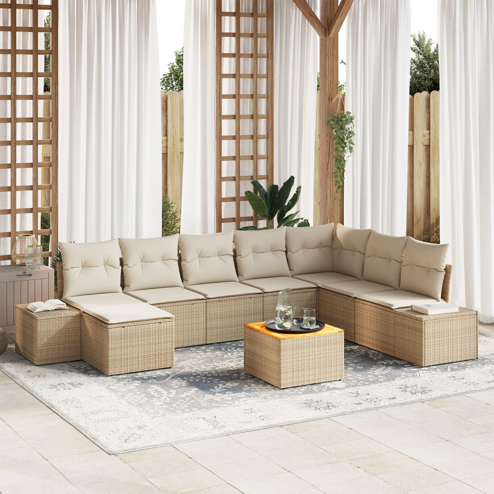 Havesofa sæt i beige polyrattan - 9 dele, modulært loungesæt