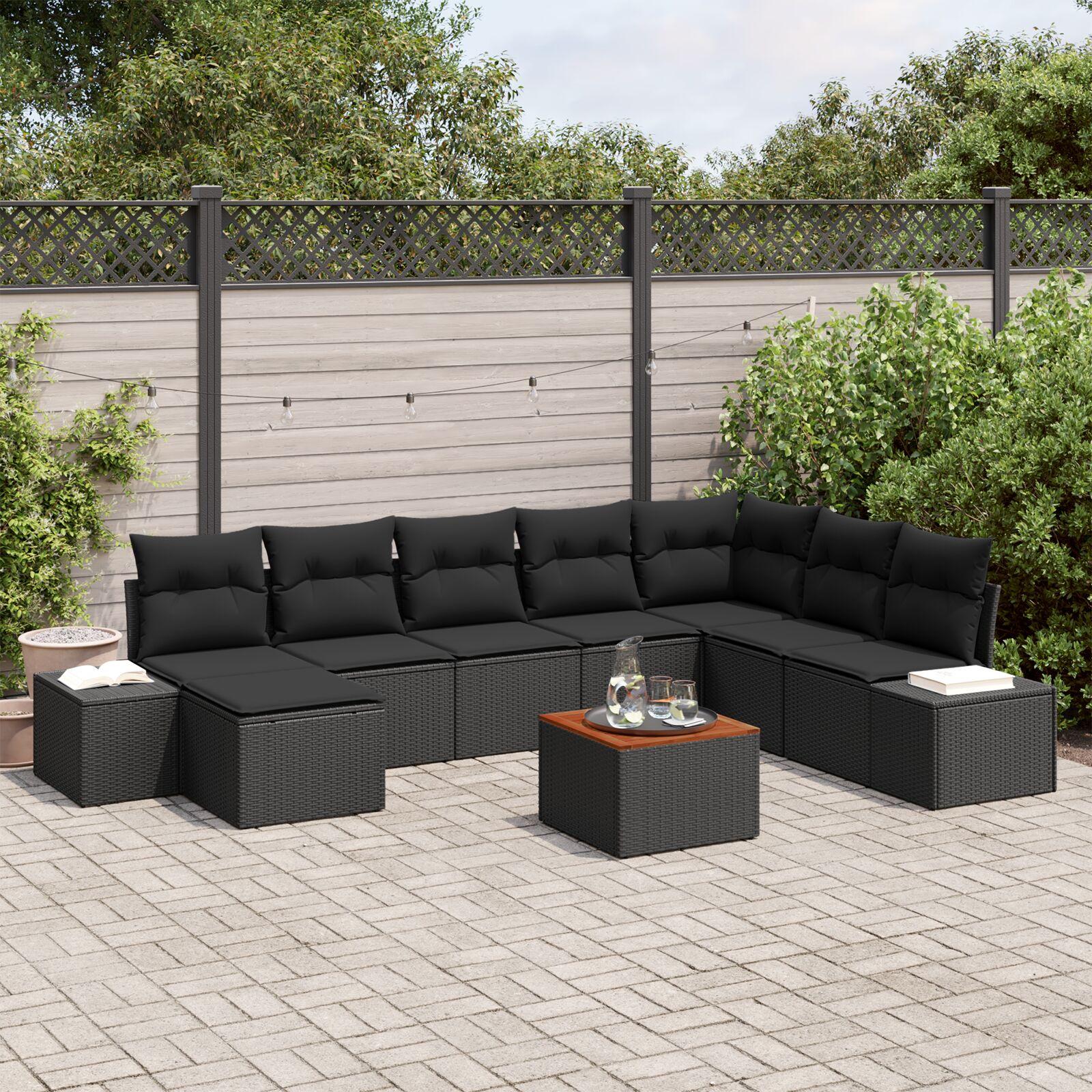 Havesofa sæt med puder - 9 dele i sort polyrattan, modulært loungesæt