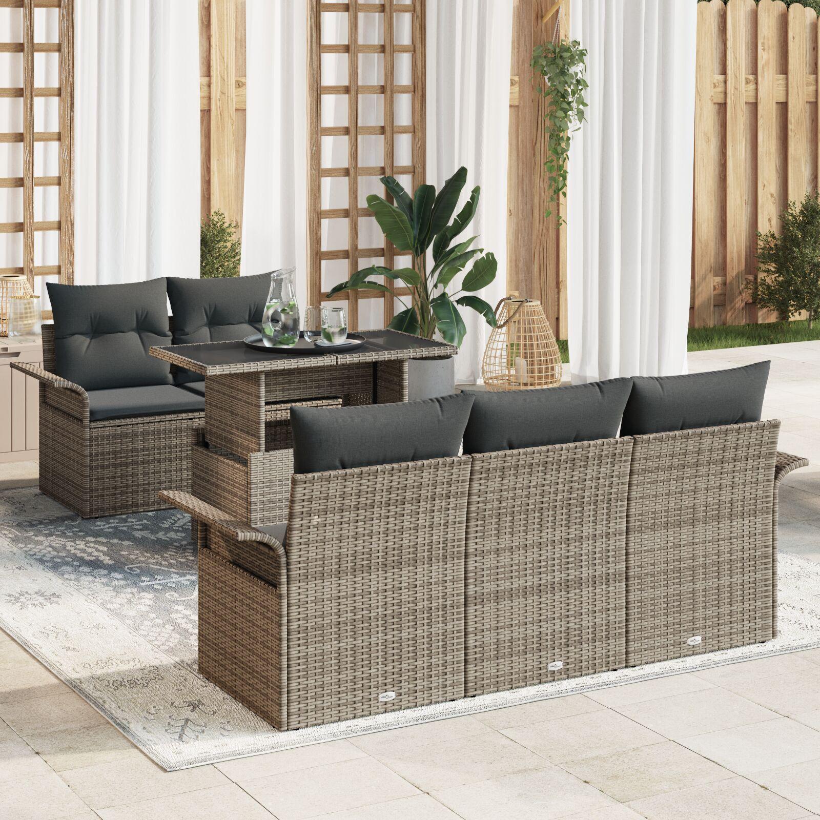 Havesofa sæt med puder - 6 dele i grå polyrattan, modulært loungesæt med højdejusterbart bord