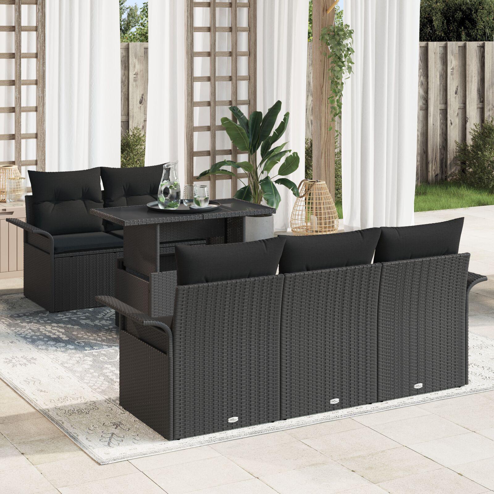 Havesofa sæt med puder 6 dele i sort polyrattan