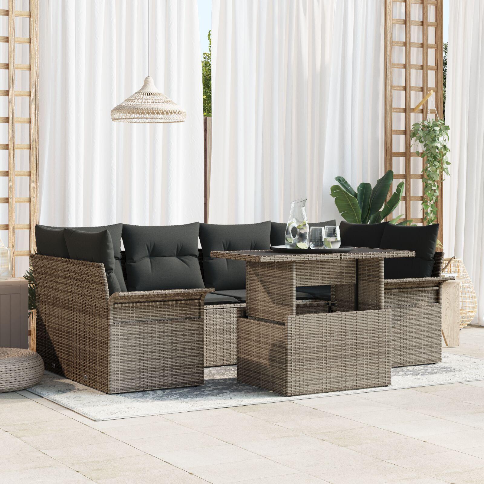 Havesofa-sæt i grå polyrattan - 7 dele med puder og højdejustbart bord