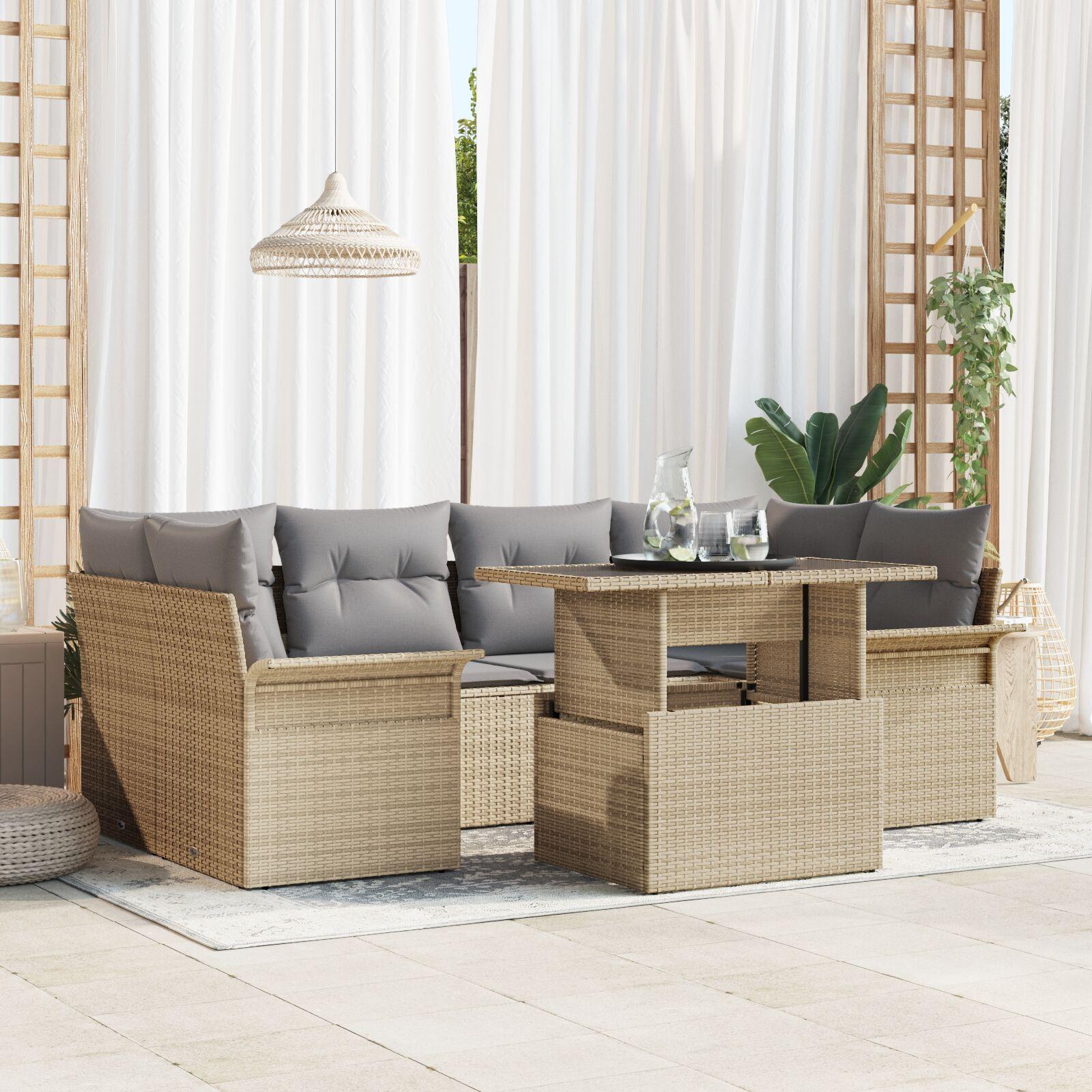 Havesofa-sæt i beige polyrattan - 7 dele med puder og højdejusterbart bord