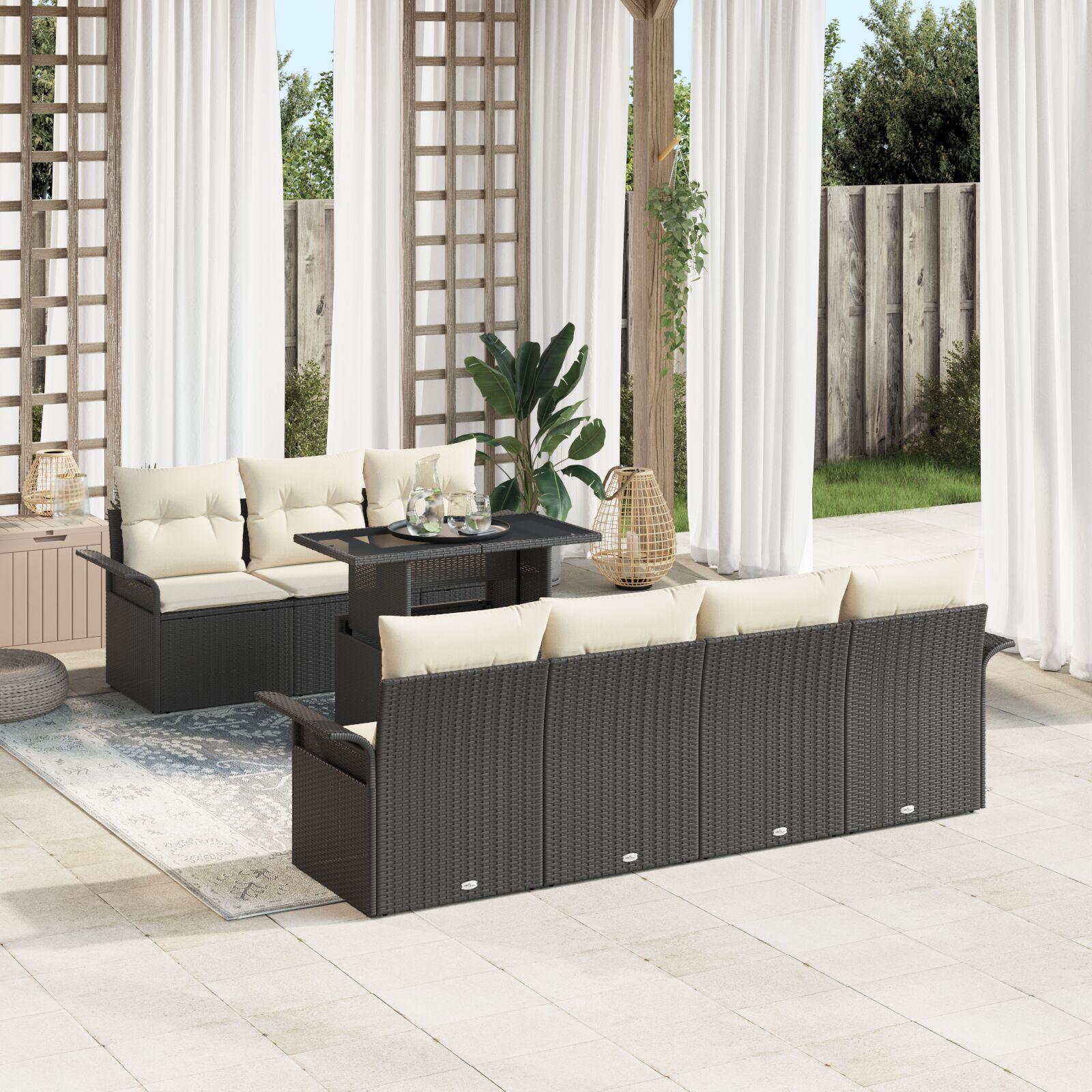 Havesofa sæt i sort polyrattan - 8 dele med puder og højdejusterbart bord