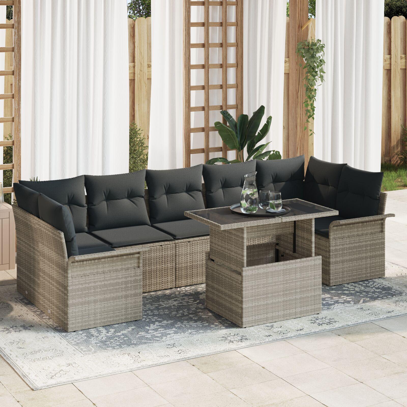 Havesofa Sæt med pude 8 stk Lysegrå Poly rattan