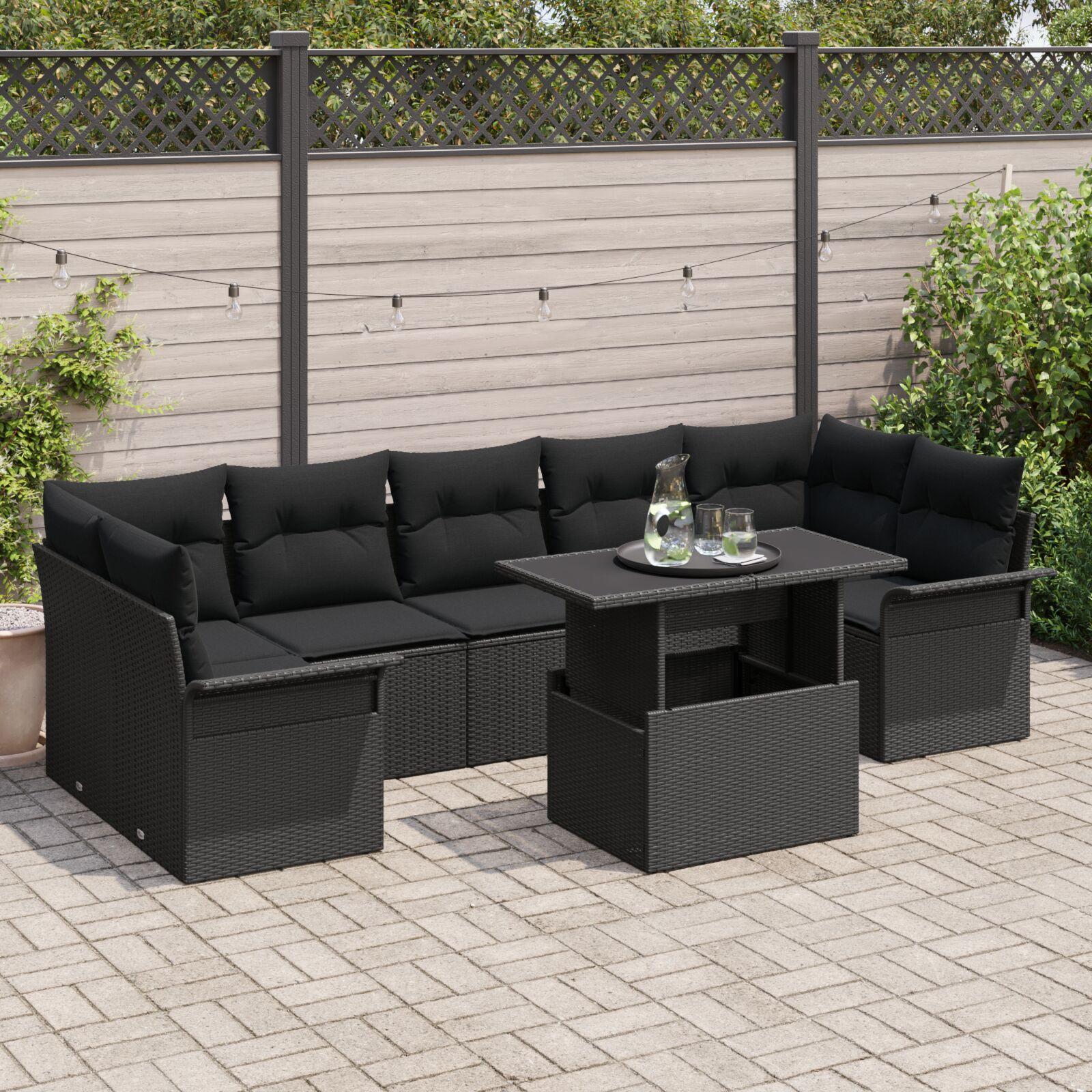 Modulært havesofa sæt med puder - 8 dele i sort polyrattan