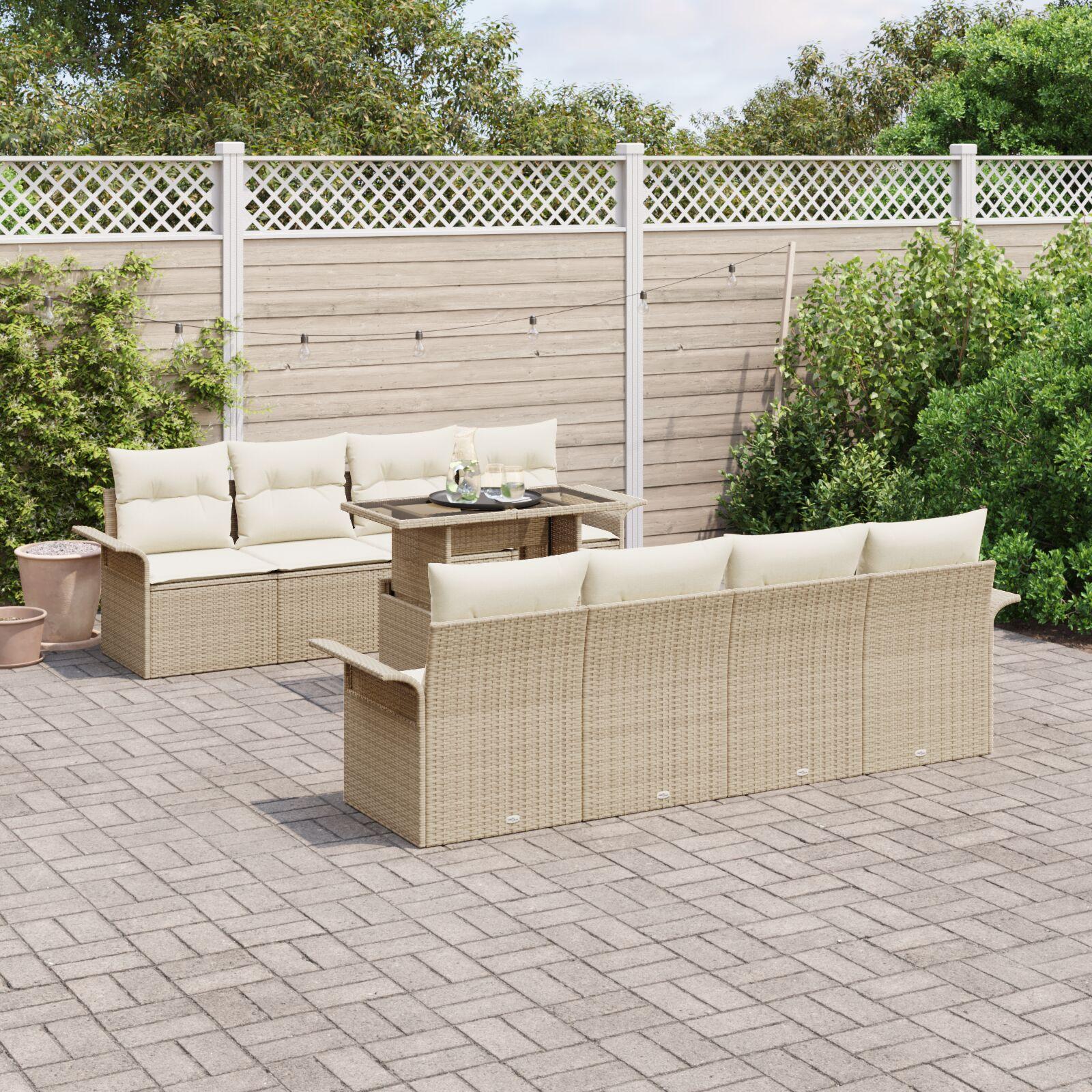Havesofa sæt i beige polyrattan - 9 dele med puder og højdejusterbart bord