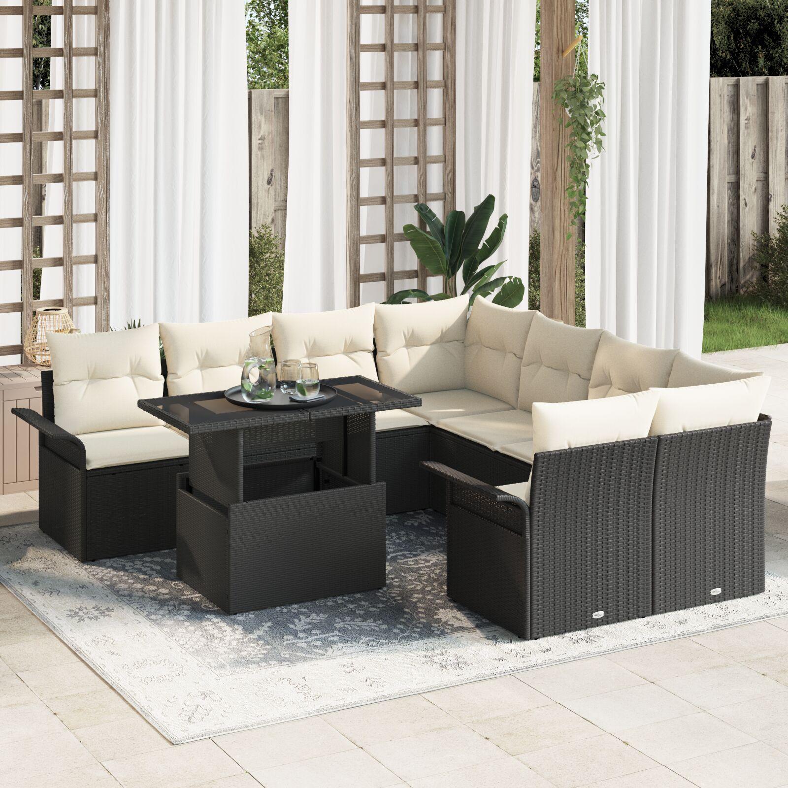 Havesofa-sæt i sort polyrattan - modulopbygget loungesæt med justerbart bord, 9 dele