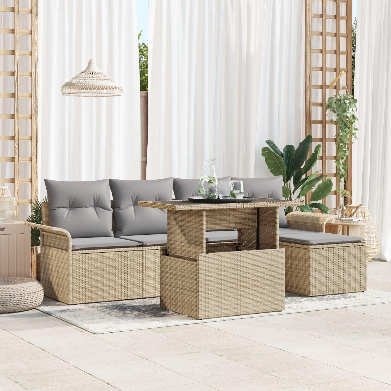 Havesofa-sæt i beige polyrattan med justerbart bord - 6 dele, 5 pladser