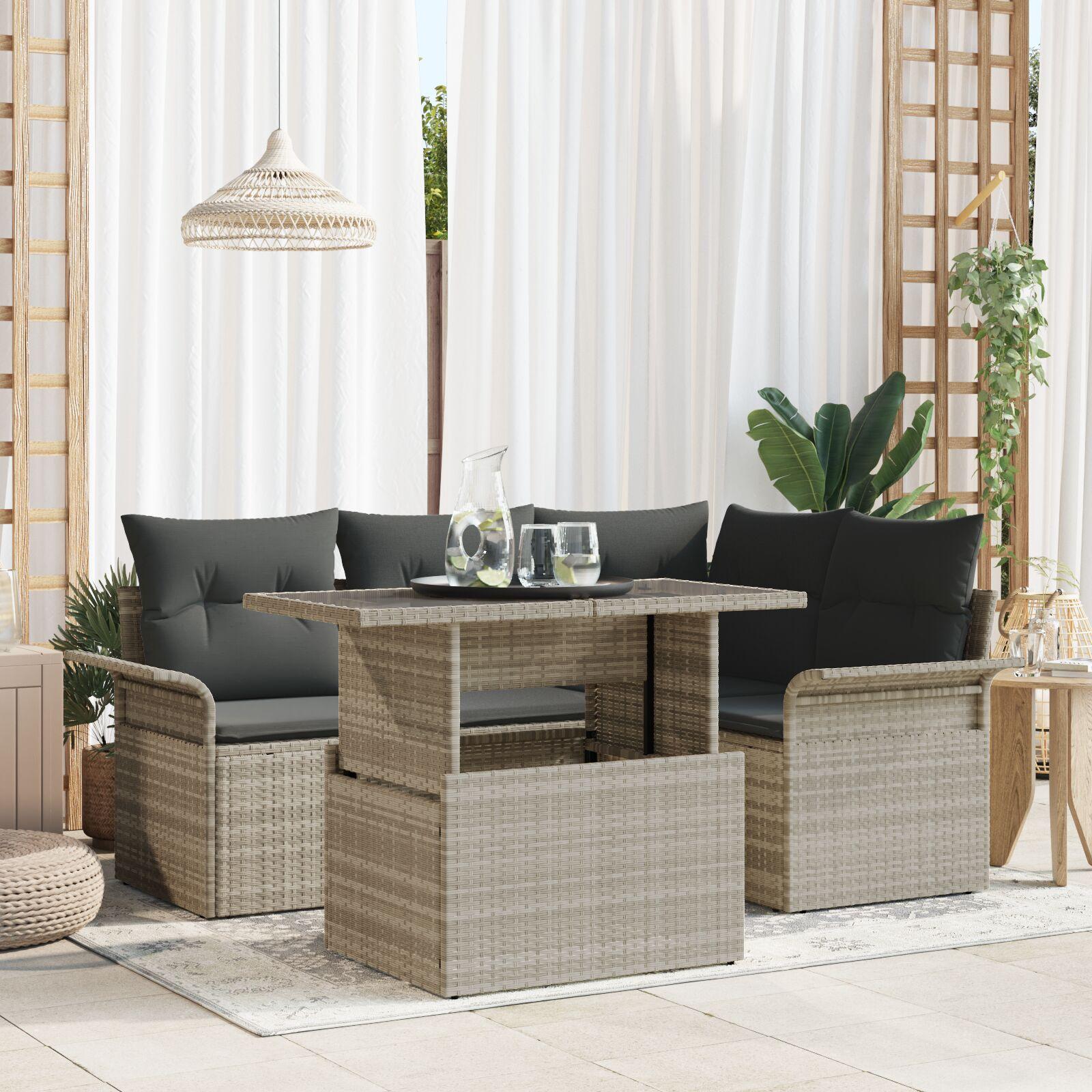 Havesofa Sæt med pude 5 stk Lysegrå Poly rattan