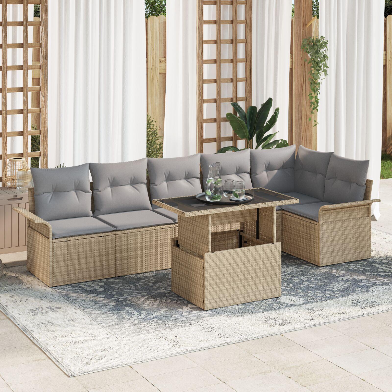 Havesofa Sæt Med Pude 7 Dele Poly Rattan - beige og grå