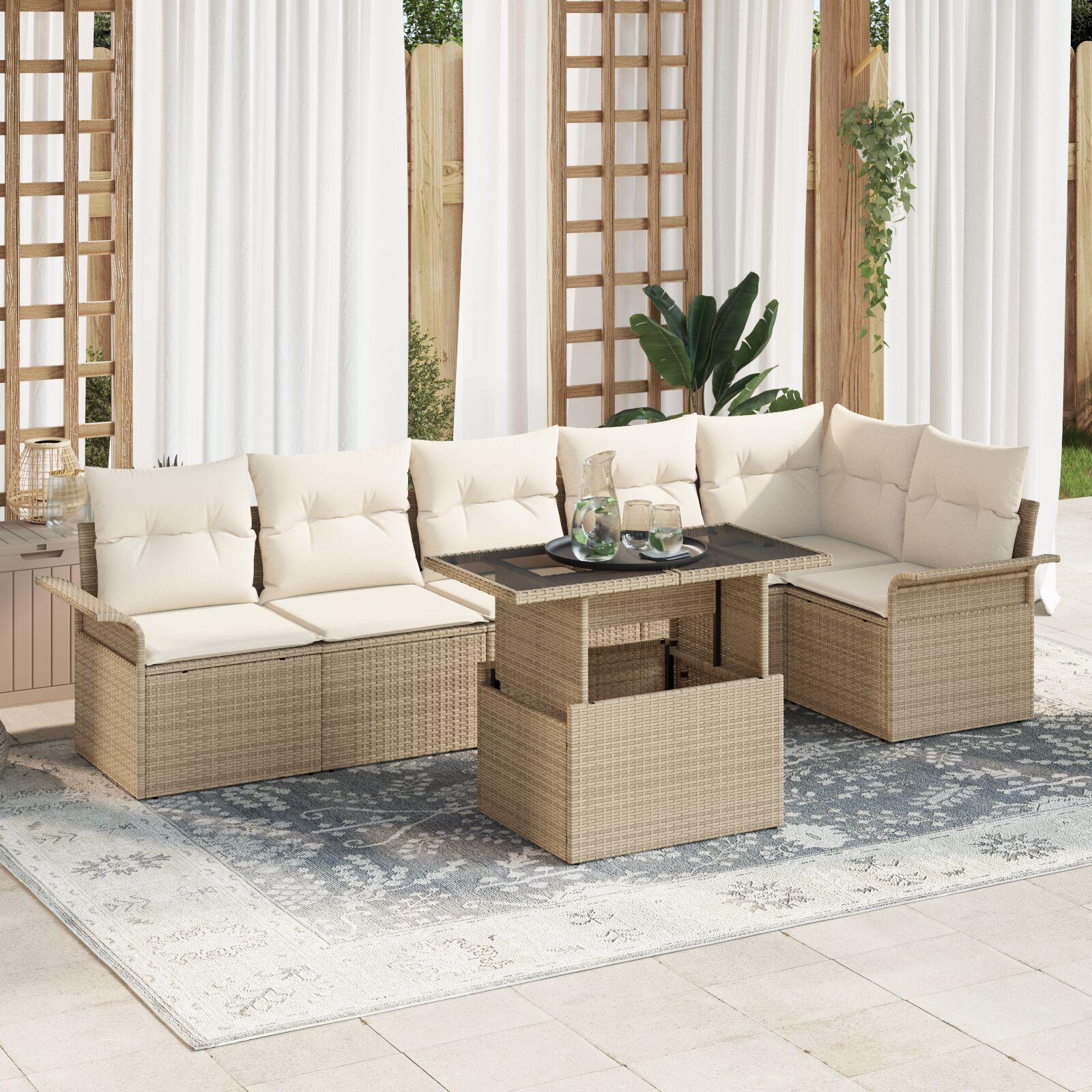 Havesofa Sæt Med Pude 7 Dele Poly Rattan - beige og cremefarvet