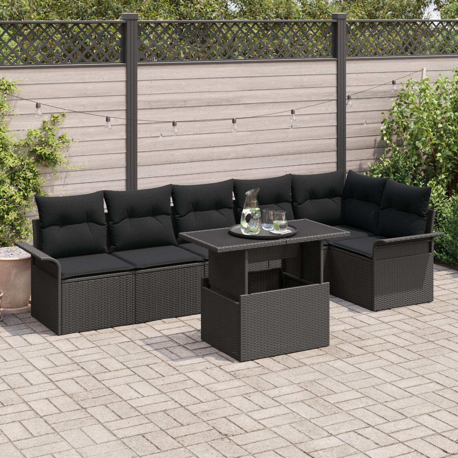 Havesofa-sæt i polyrattan, 7 dele - sort, modulært loungesæt med justerbart bord