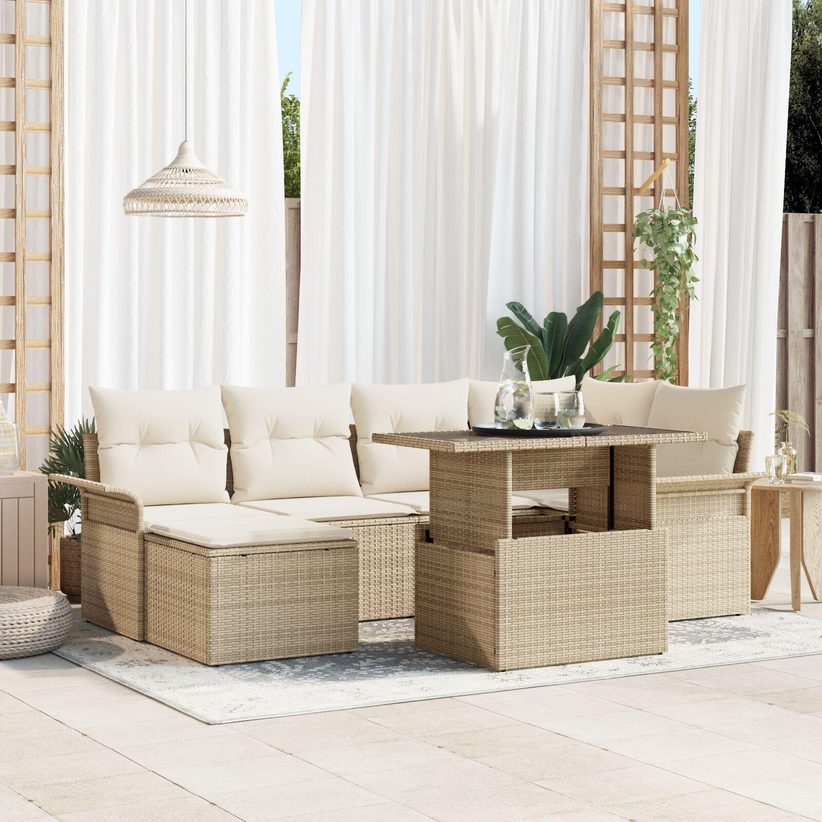 Havesofa sæt 7 dele med puder og højdejusterbart bord beige poly rattan