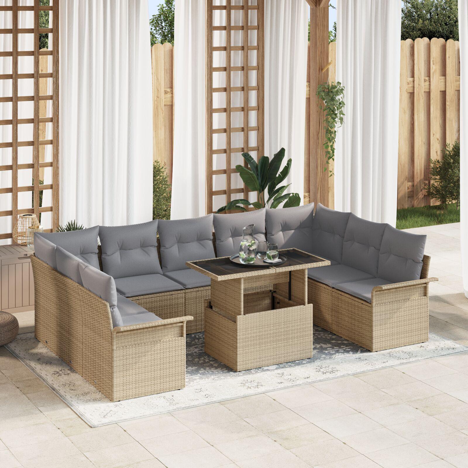 Havesofa sæt i beige polyrattan med puder - modulært loungesæt til 10 personer med højdejusterbart bord