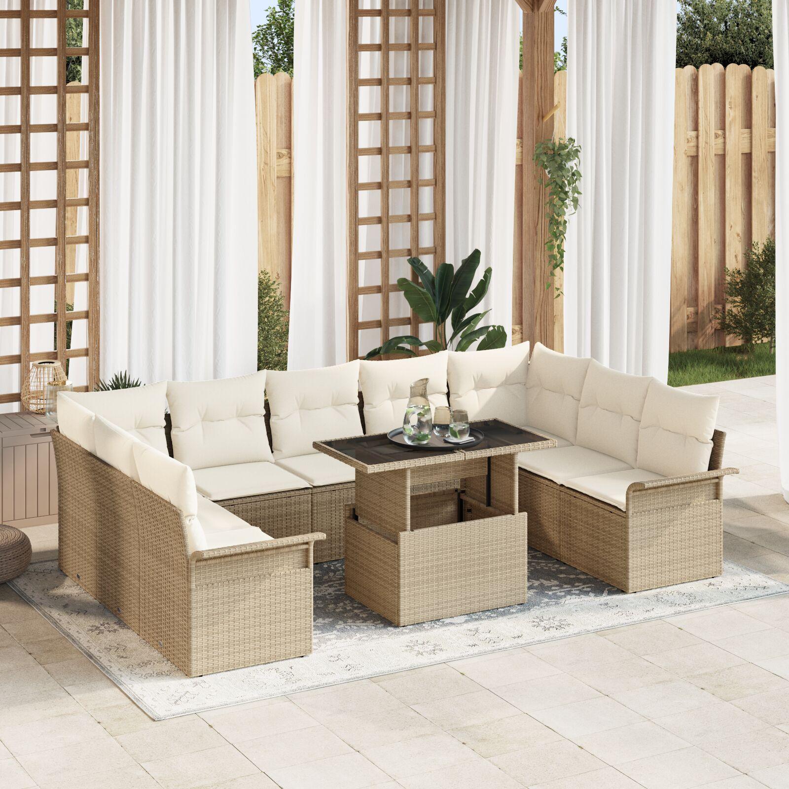 Havesofa sæt 10 dele med puder og bord i beige poly rattan