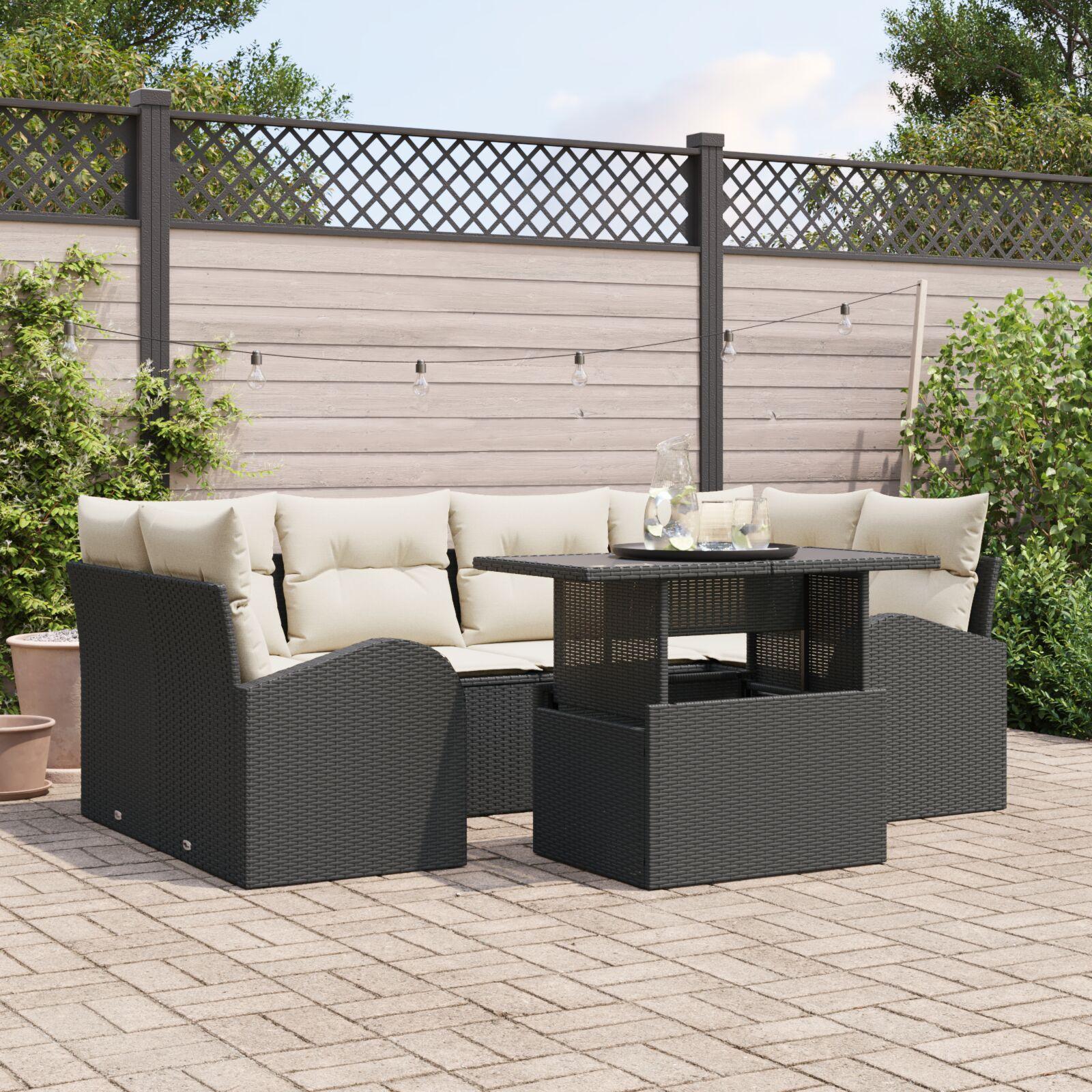 Havesofa-sæt med puder, 7 dele - sort polyrattan