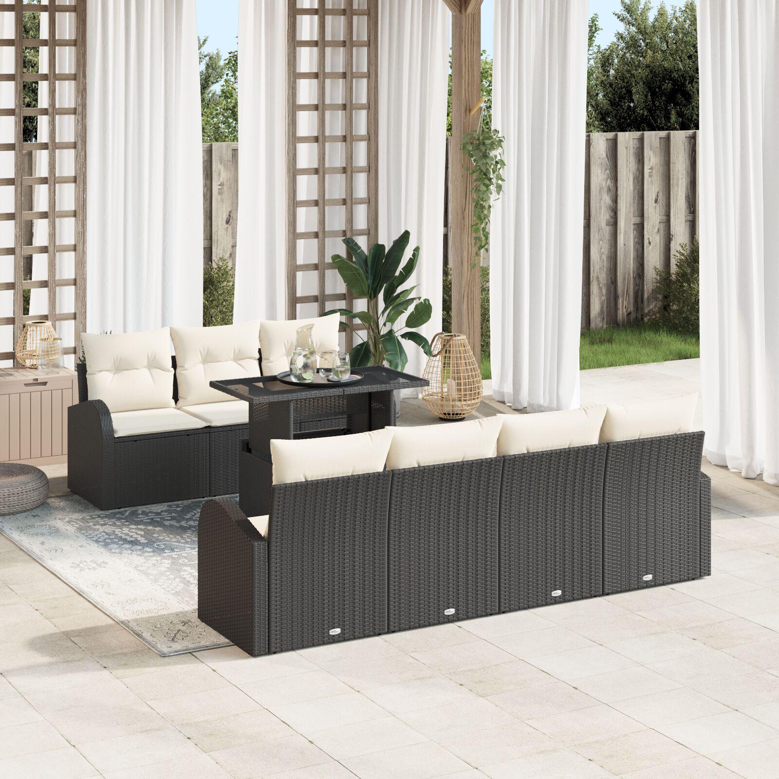 Havesofa sæt med puder - 8 dele, sort polyrattan, højdejusterbart bord