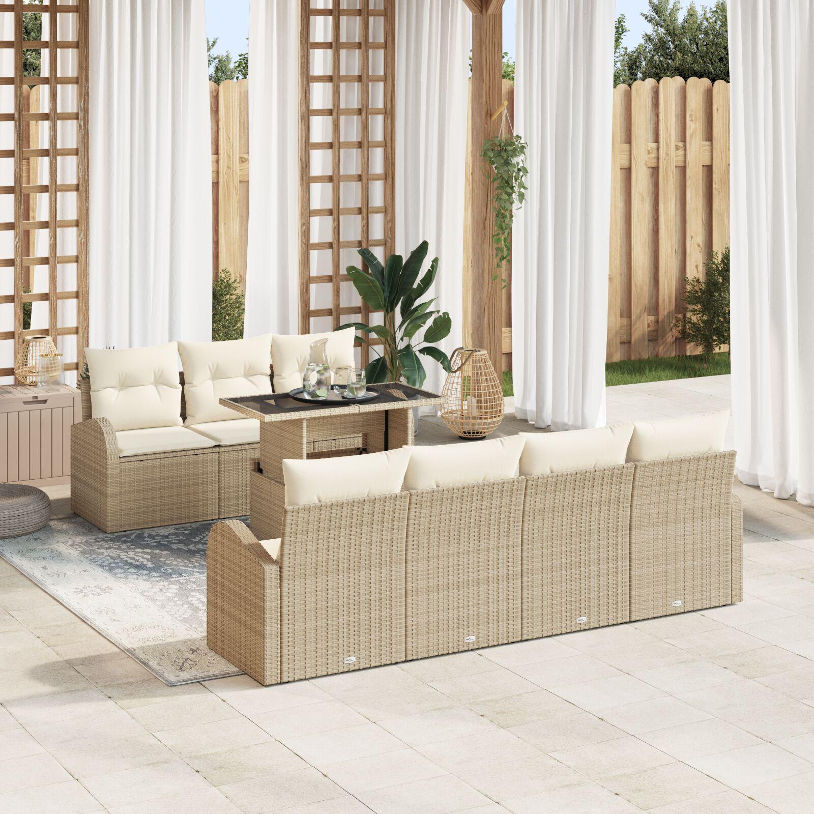 Havesofa Sæt med pude 8 stk Beige Poly rattan