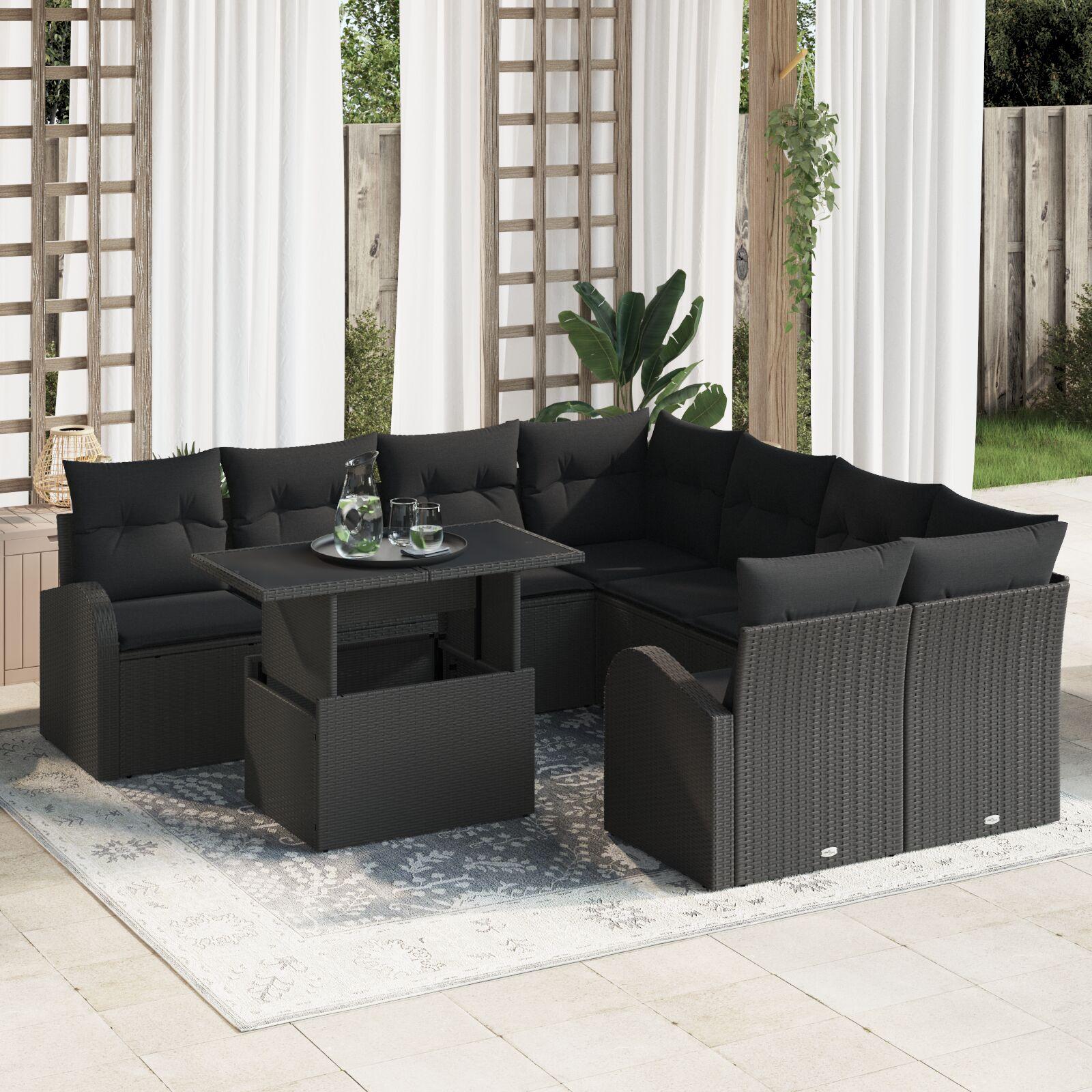 Modulært havesofa sæt med opbevaring - 9 dele, sort polyrattan