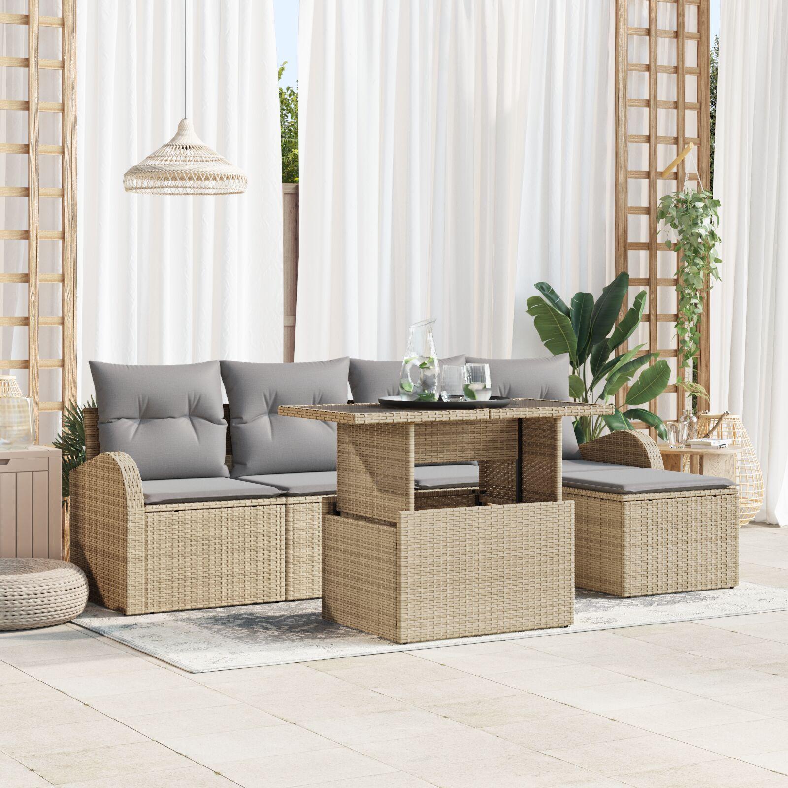 Havesofa sæt i beige polyrattan - modulært loungesæt med puder, 6 dele