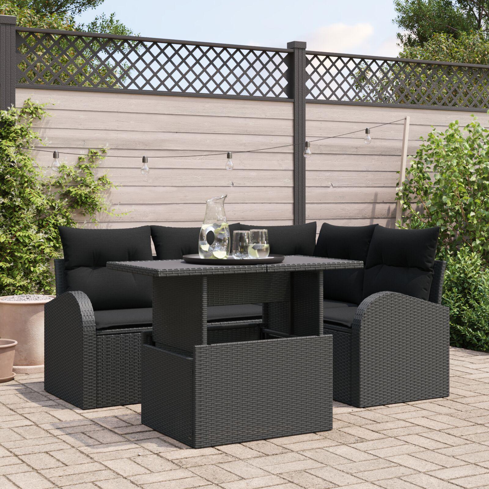 Havesofa sæt med puder 5 stk i sort poly rattan