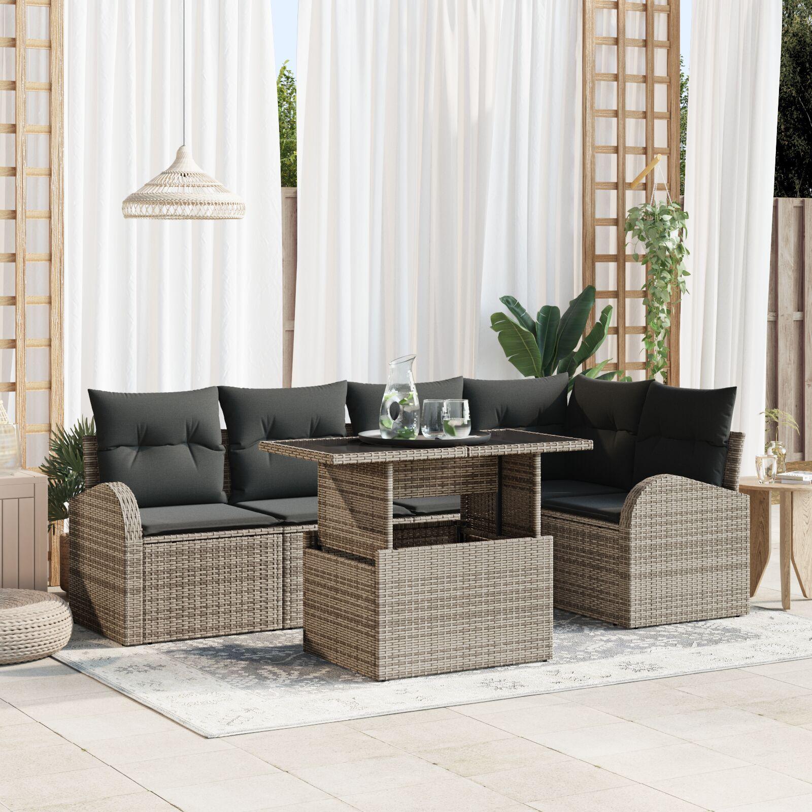 Havesofa Sæt 6 stk Grå Polyrattan og pulverlakeret stål og glas