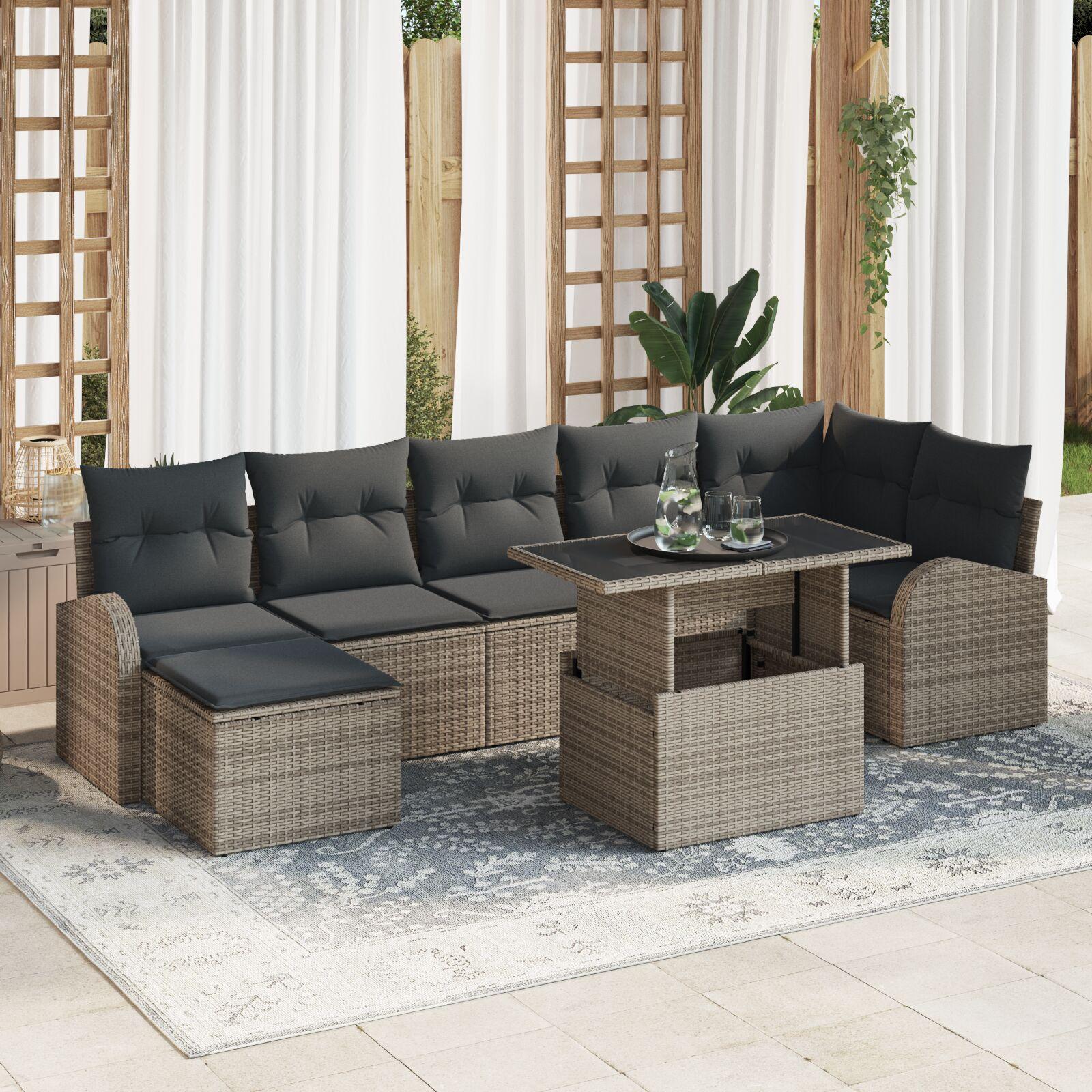 Havesofa Sæt 8 stk Grå Polyrattan og pulverlakeret stål og glas