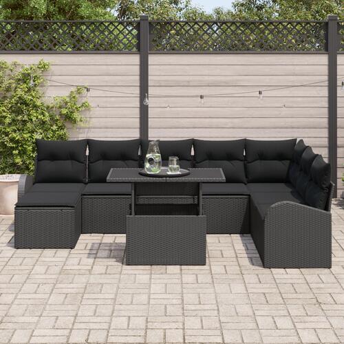 9 Stykker Havemøbel Sofa Sæt Med Puder Sort Poly Rattan