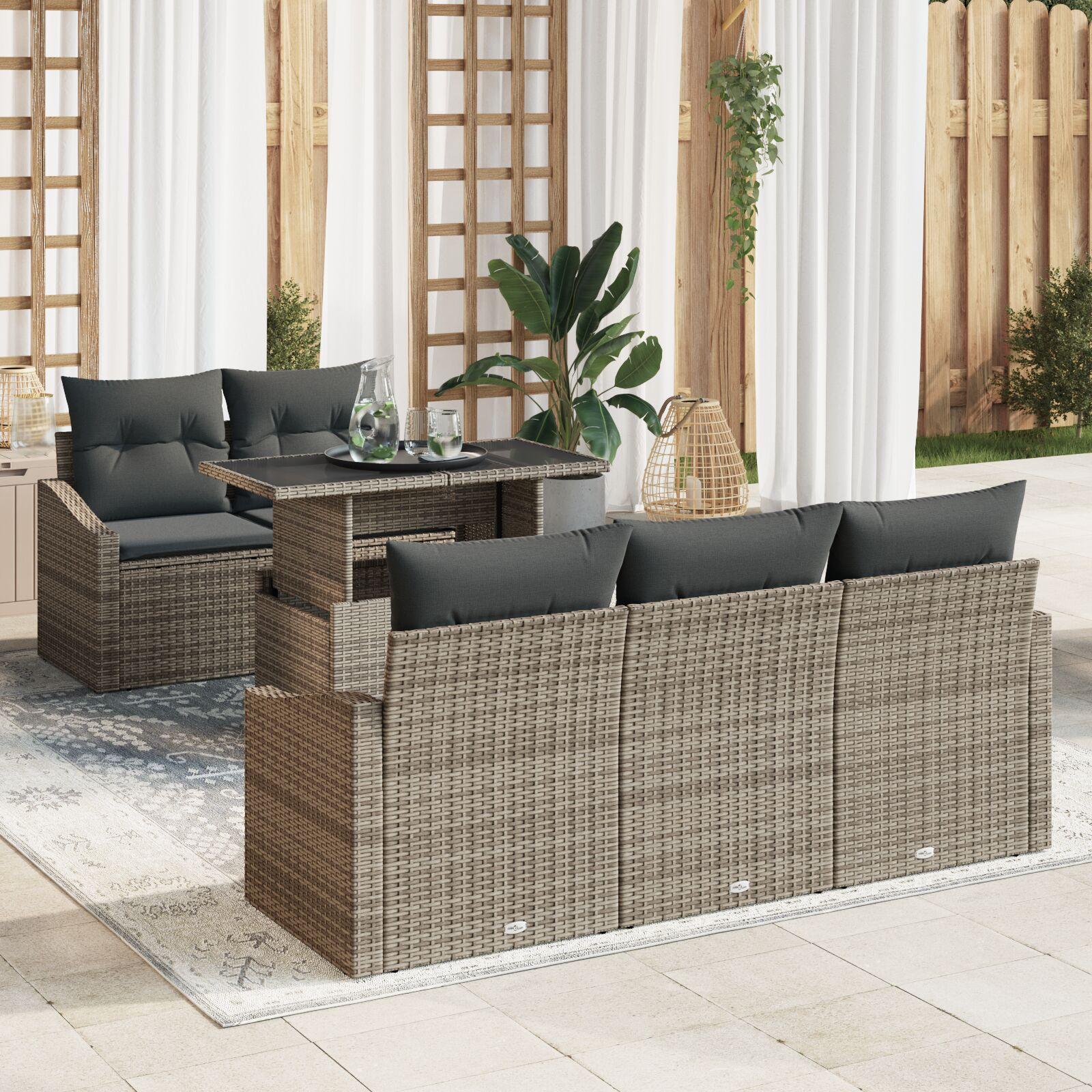 Havesofa Sæt 6 stk Grå Polyrattan og pulverlakeret stål og glas