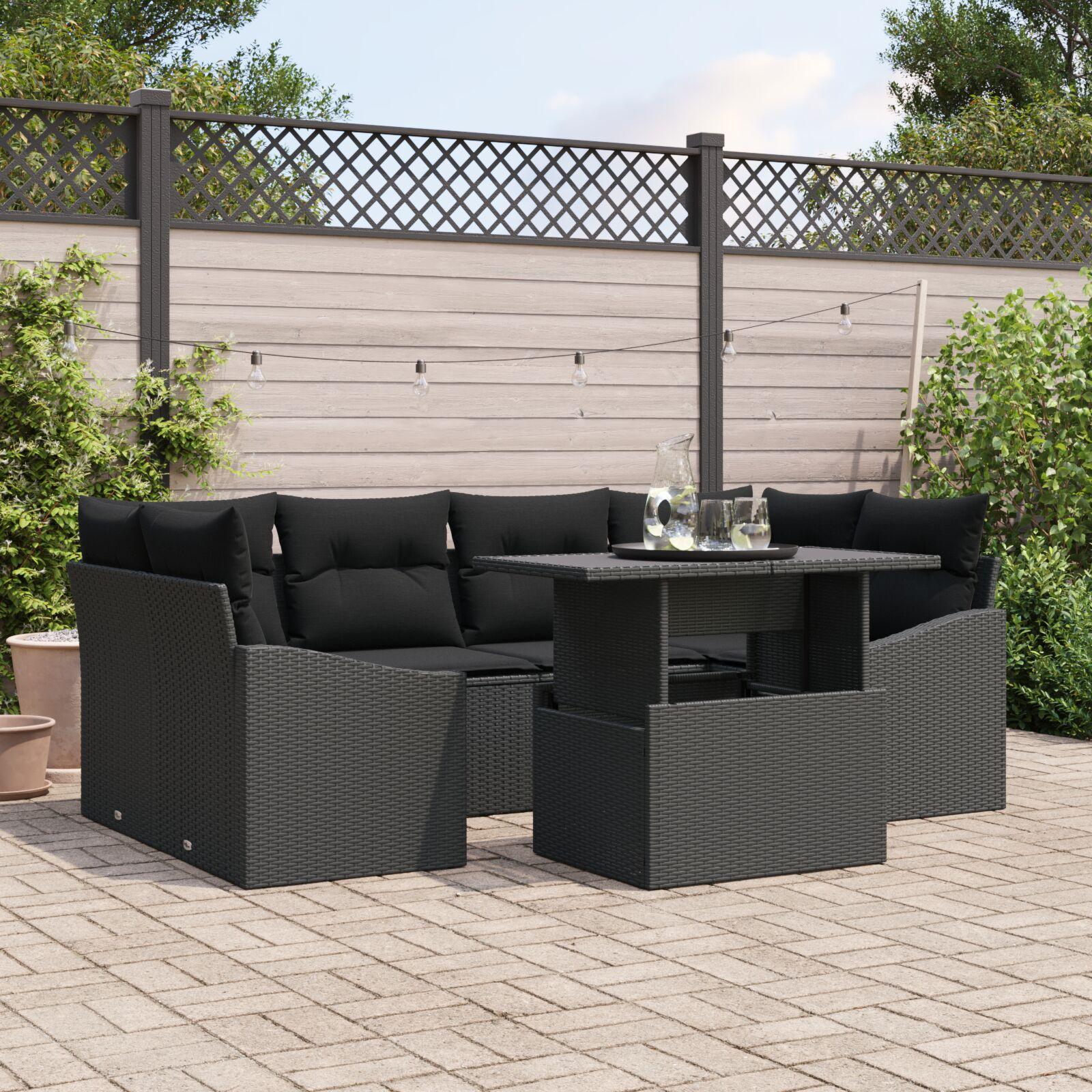 Havesofa Sæt med pude 7 stk Sort 100 x 55 x 73 cm