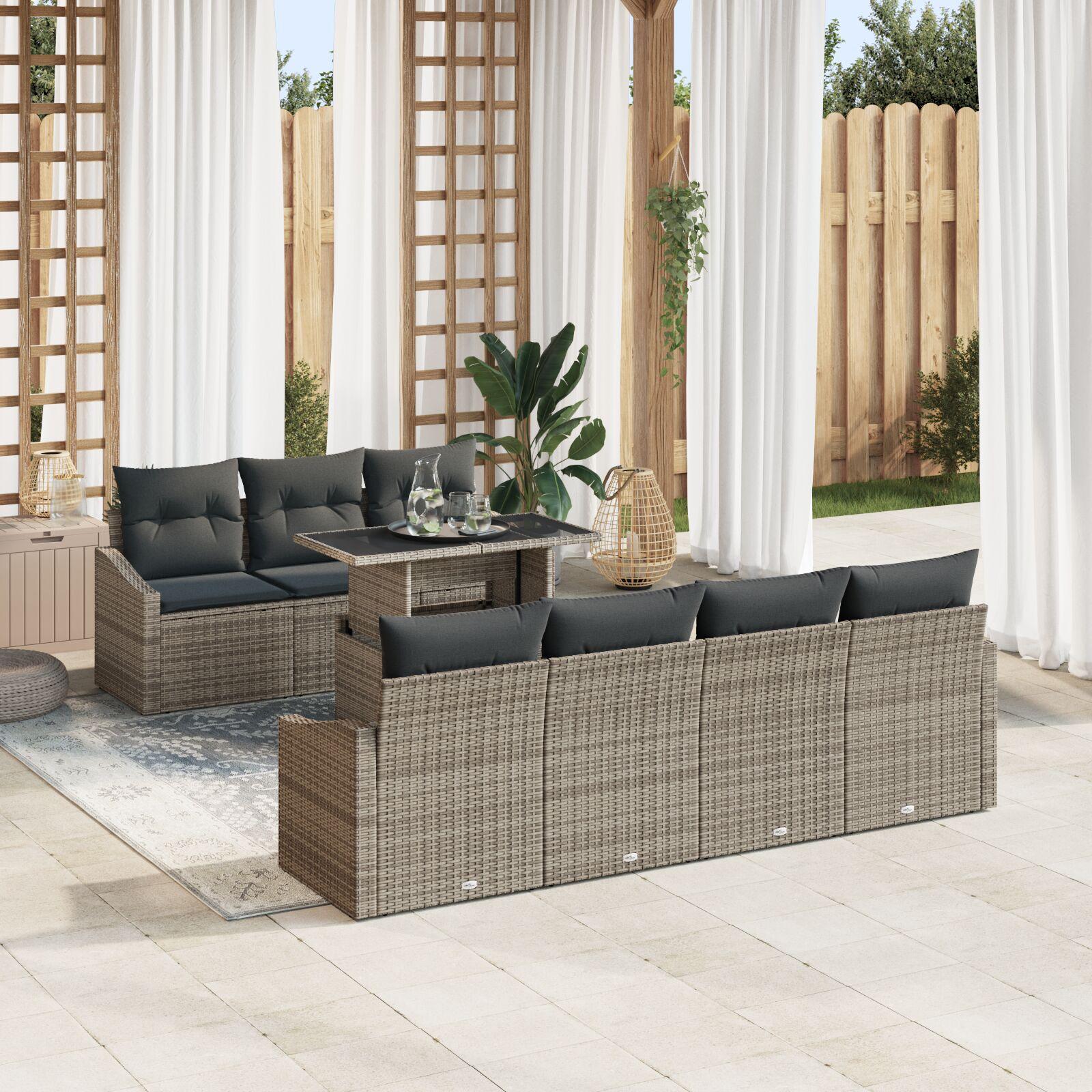 Havesofa Sæt 8 stk Grå Polyrattan og pulverlakeret stål og glas