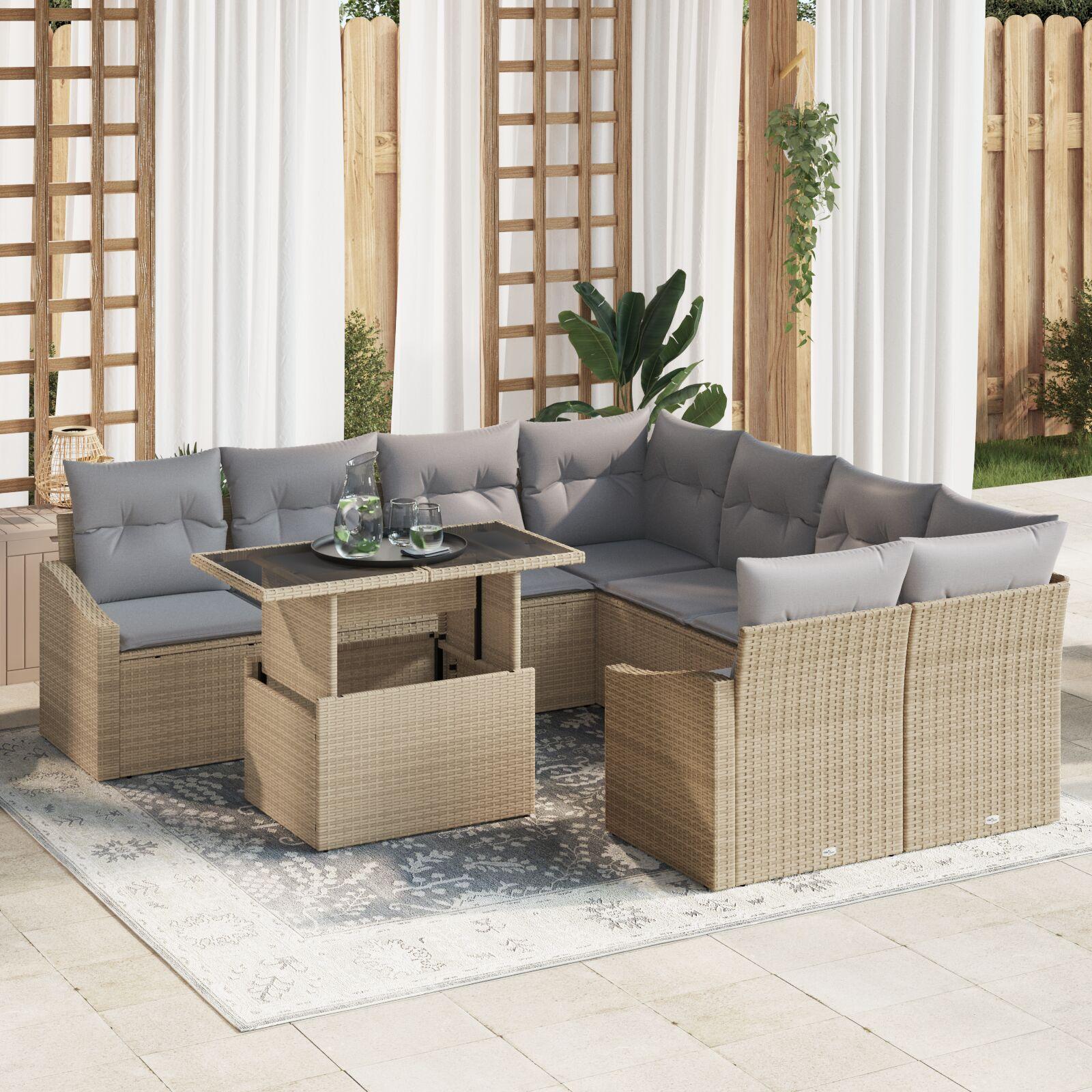 Havesofa Sæt med pude 9 stk beige og lysegrå 100 x 55 x 73 cm