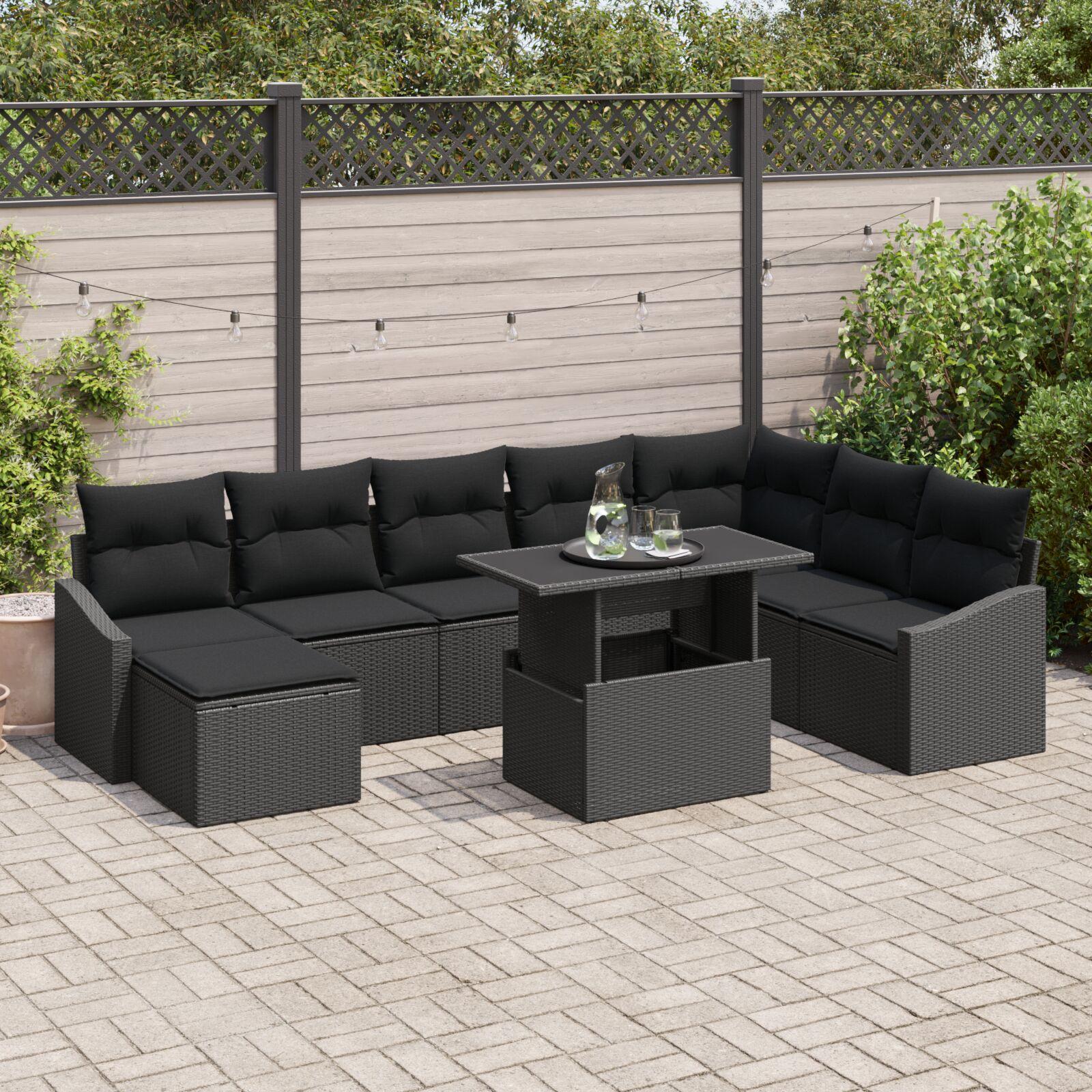 Havesofa Sæt 9 stk Sort Polyrattan og pulverlakeret stål