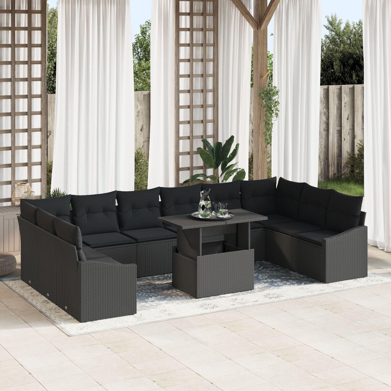 Havesofa Sæt med pude 11 stk Sort 100 x 55 x 73 cm