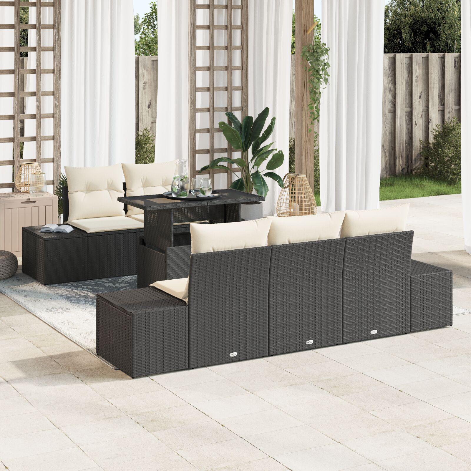 6 Del Havemøbel Sofa Sæt Med Puder Sort Poly Rattan