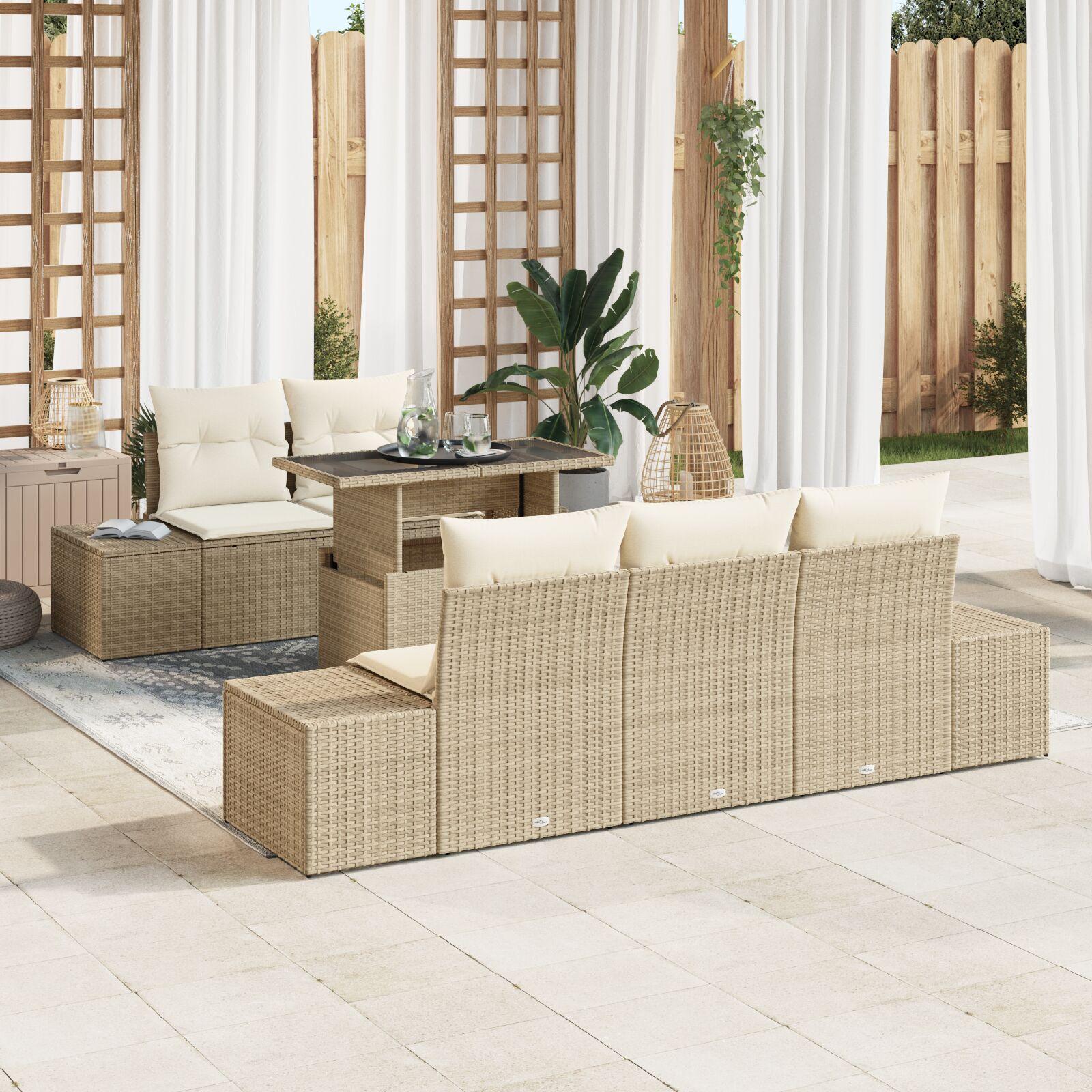 6 Deler Have Sofa Sæt Med Puder Beige Poly Rattan