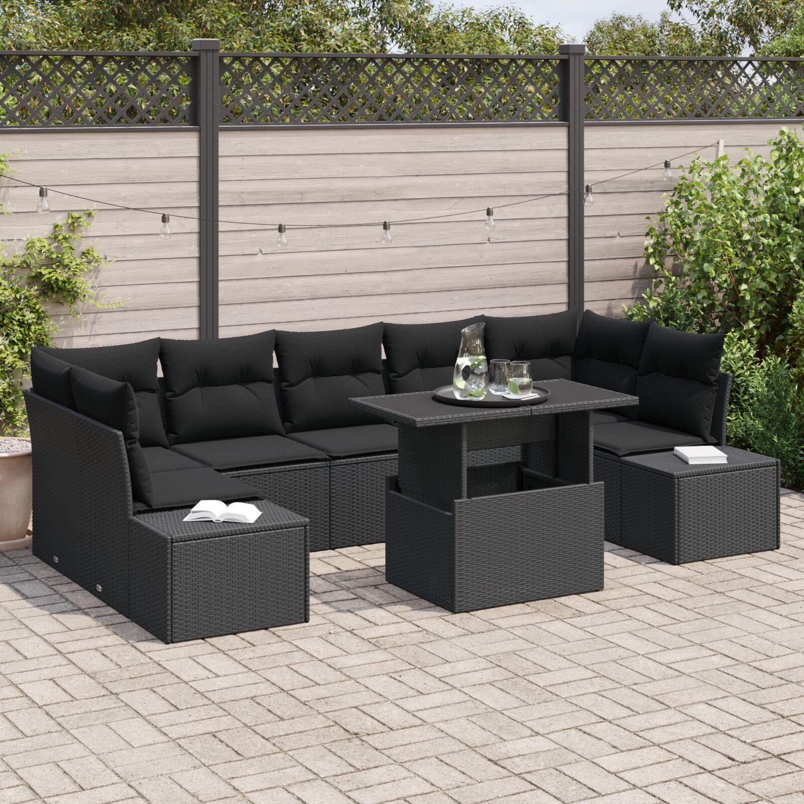 Havesofa Sæt med pude 8 stk Sort 100 x 55 x 73 cm