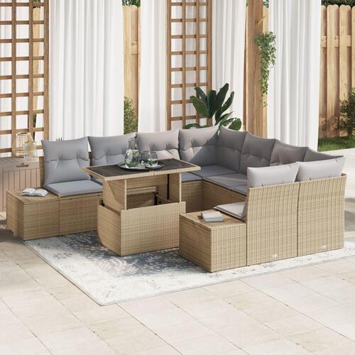 9-dels havemøbelsæt med hynder beige polyrattan