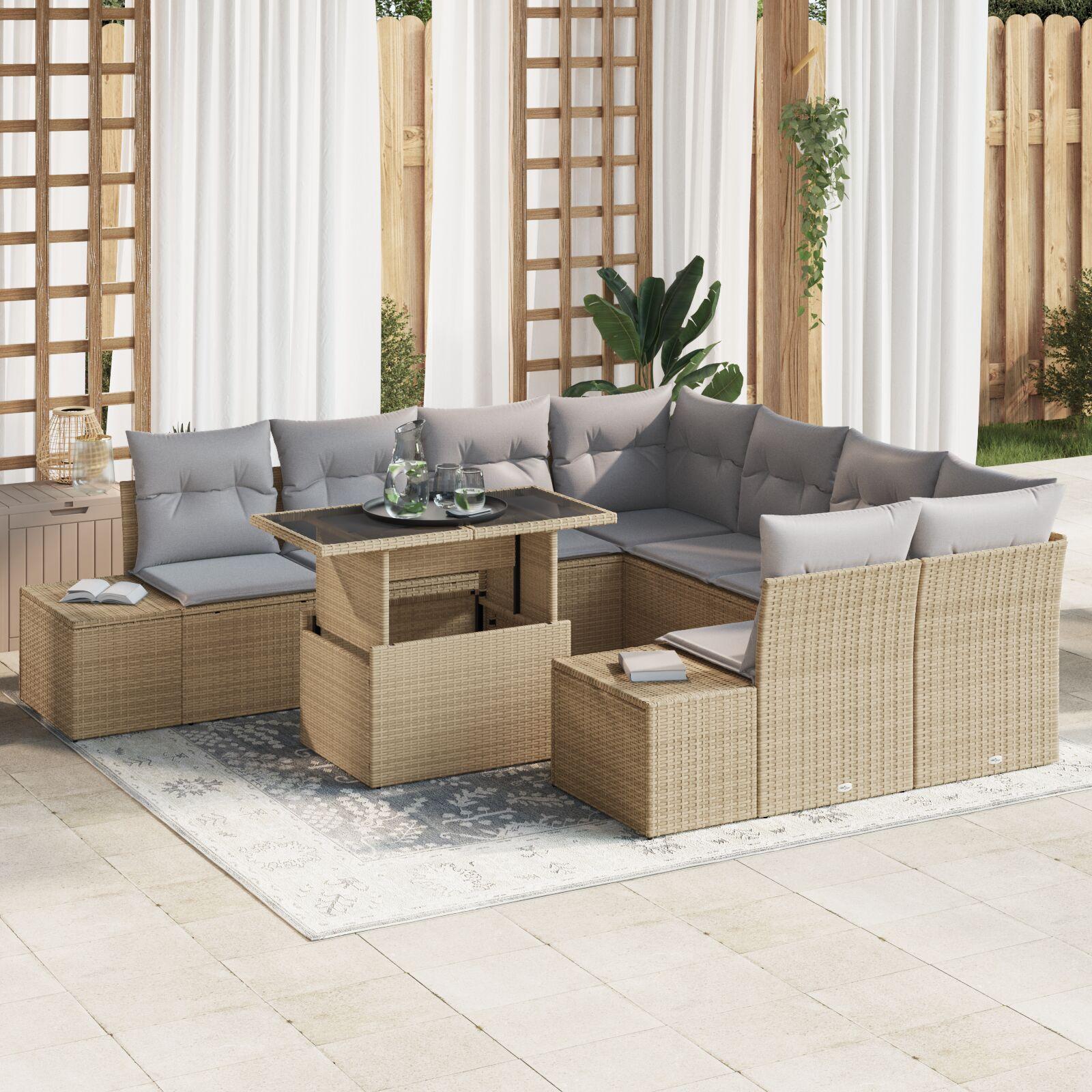 9-dels havemøbelsæt med hynder beige polyrattan