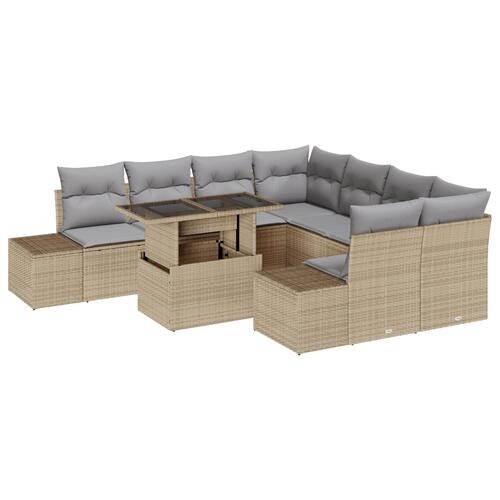 9-dels havemøbelsæt med hynder beige polyrattan