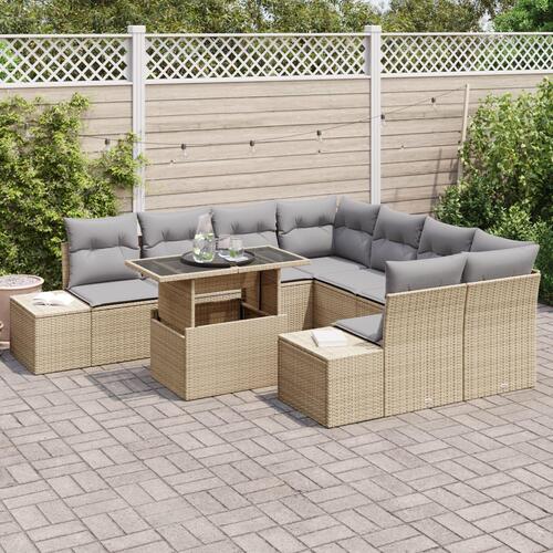 9-dels havemøbelsæt med hynder beige polyrattan