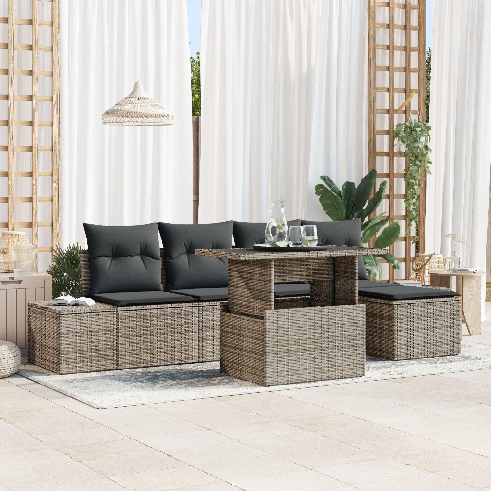 Havesofa Sæt 6 stk Grå Polyrattan og pulverlakeret stål og glas