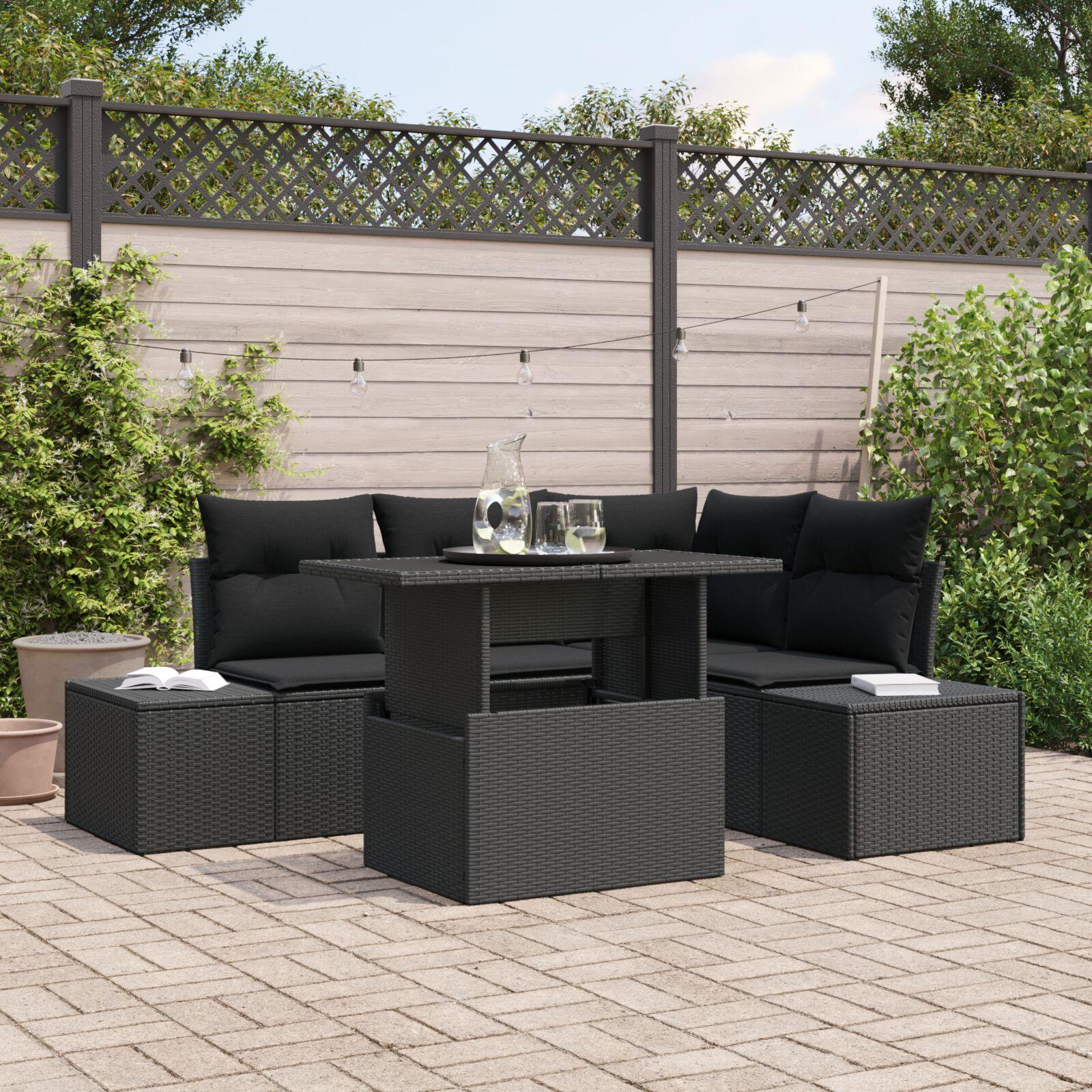 Havesofa Sæt med pude 5 stk Sort 100 x 55 x 73 cm